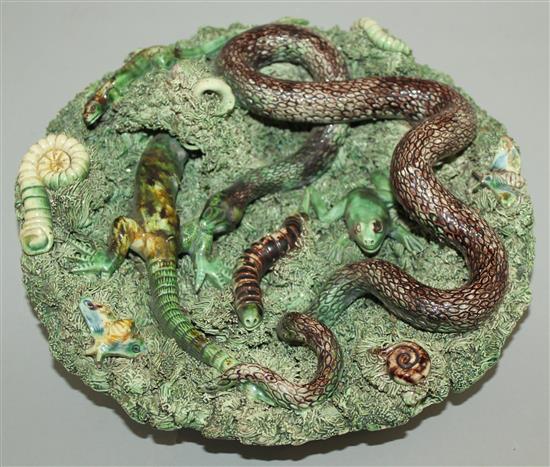 A Caldas Rainha Palissy style amphibian and reptile dish, late 19th century, 24cm, small losses